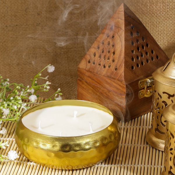 Rich 4 Wick Golden Look Metal Bowl Container Candles with Dust Cover - Image 2