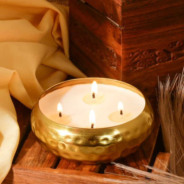 Rich 4 Wick Golden Look Metal Bowl Container Candles with Dust Cover